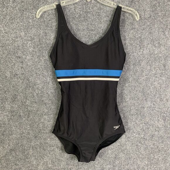 Speedo One Piece Swimsuit Black with Blue and White Stripe V-Neck Women Size S - Picture 1 of 10